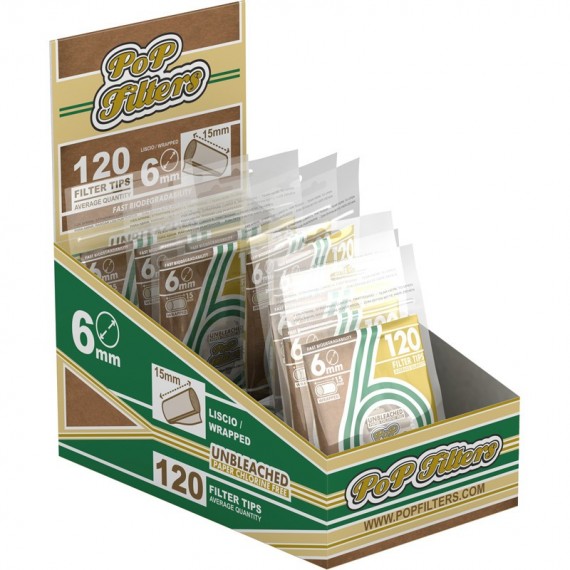PoP Filters filtri 6 mm slim biodegradabili non sbiancati in busta da 120 pezzi